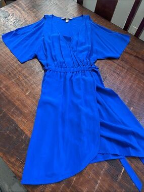 PRESLEY SKYE Cobalt Silk Faux Wrap Cold-Shoulder Surplice Neckline Midi Dress L
